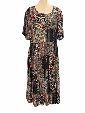 Jewel Queen Patchwork Boho Chic Crinkle Tiered Midi Dress Short Sleeves Large